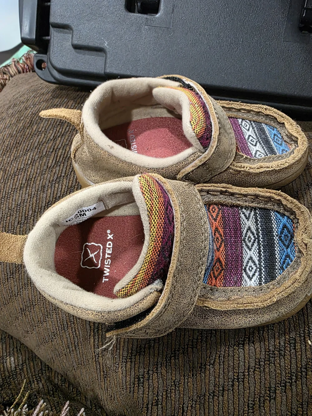 Twisted X Kids Tan Suede Moccasins with Multicolor Pattern